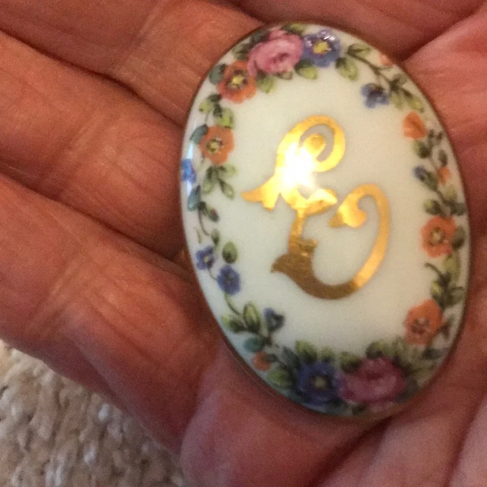 LAST DAY Vintage Portugal Floral Initial 'E' Porcelain Pin - White and Multicolo